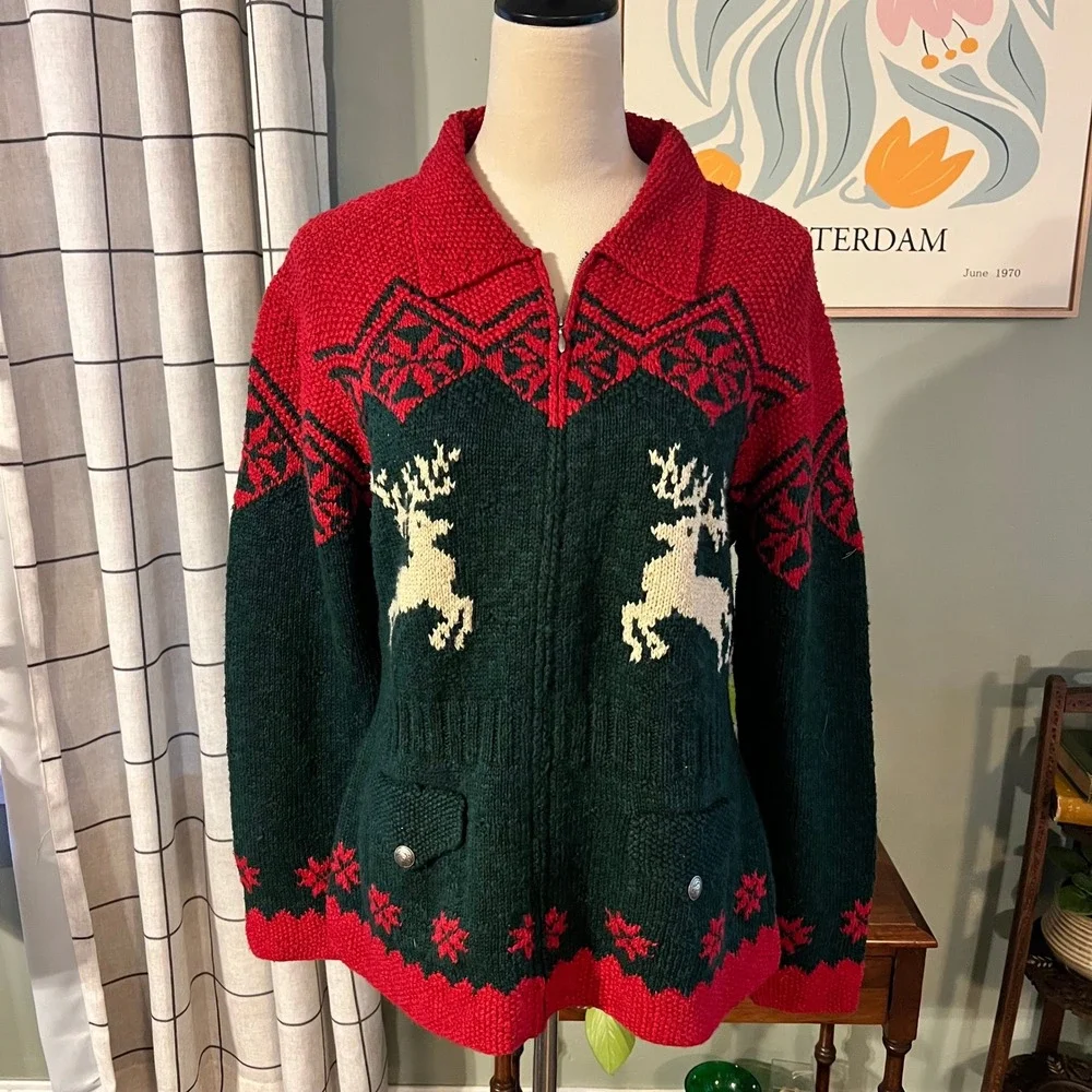 Lauren Ralph Lauren Hand Knit Reindeer Fair Isle Sweater Zip Cardigan Large - Picture 1 of 8